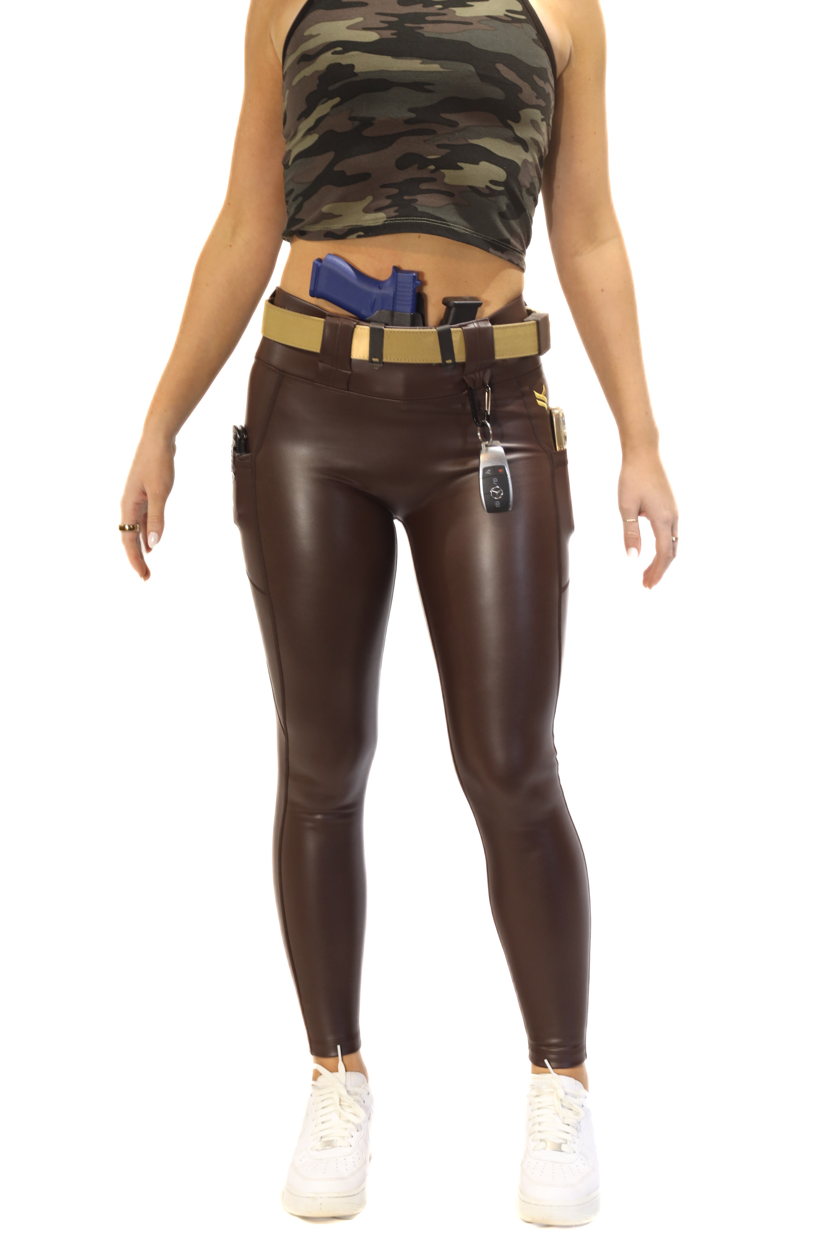 High Rise Faux Leather Conceal Carry Leggings - Brown – Vakandi