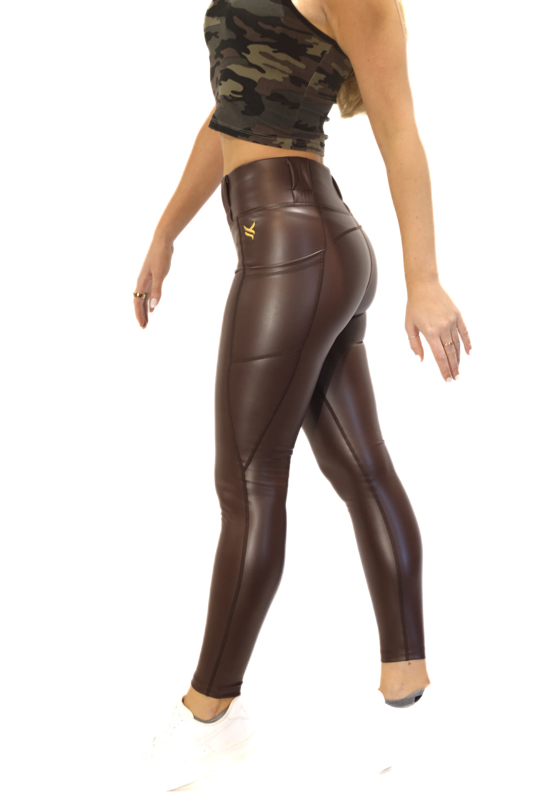 High Rise Faux Leather Conceal Carry Leggings - Brown