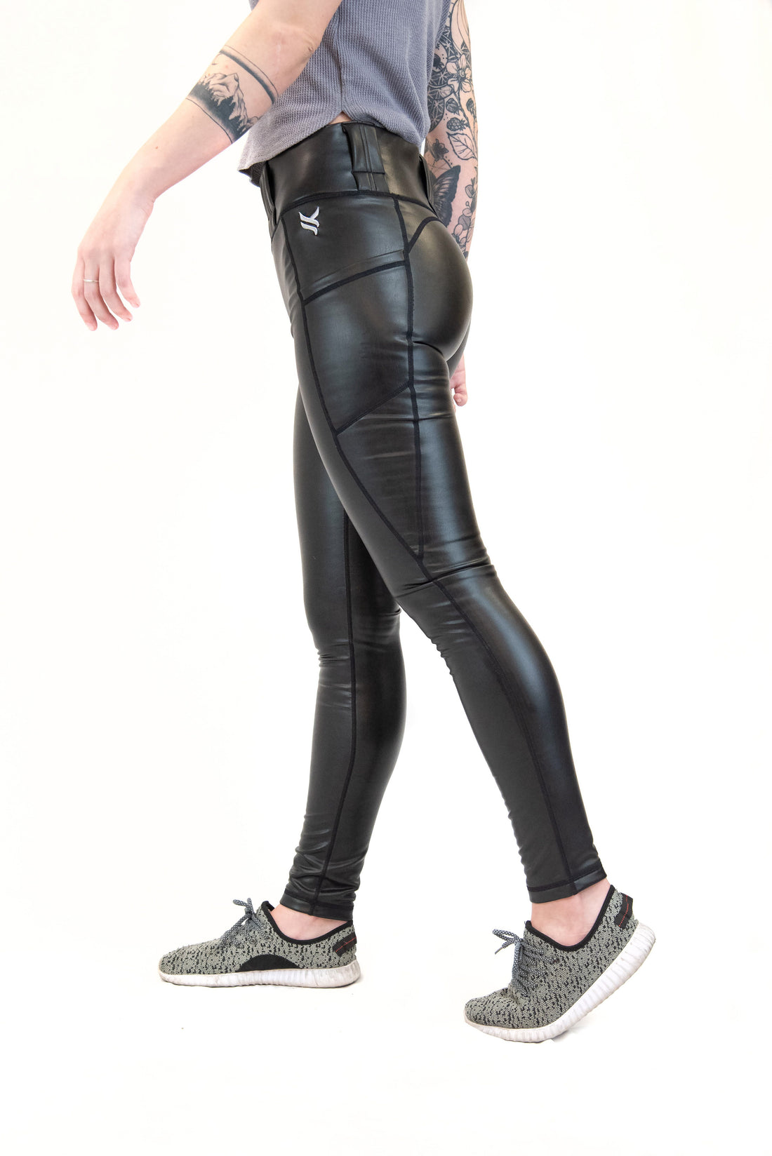 Mid Rise Perforated Leather Leggings