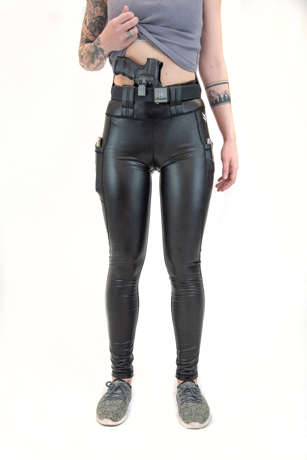 CODO Vegan Leather Mid-Rise Paneled Leggings Black